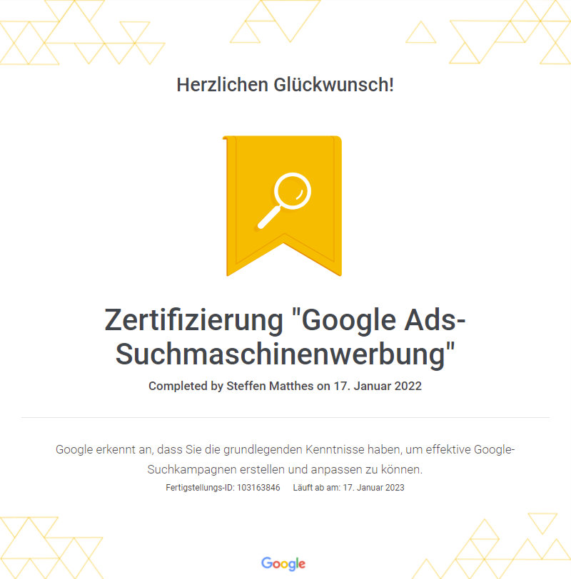 Google Ads Zertifizierung Suchmaschinenwerbung